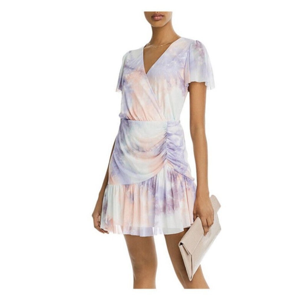 Aqua Womens Overlay Faux Wrap Dress Pink‎ Tie Dye Stretch V Neck Ruched M New
